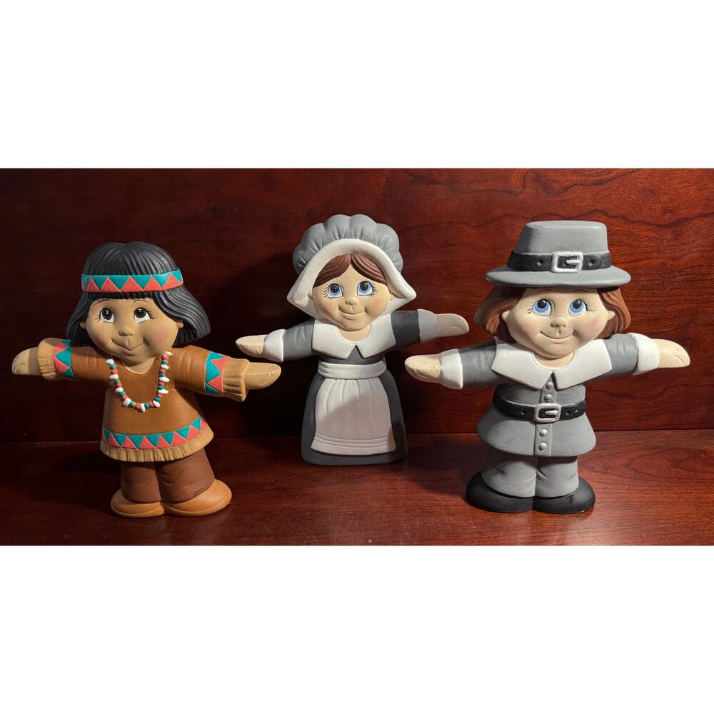 Pilgrims American Indian Art Figures Man Woman Girl Boy Ceramic Lot of 3